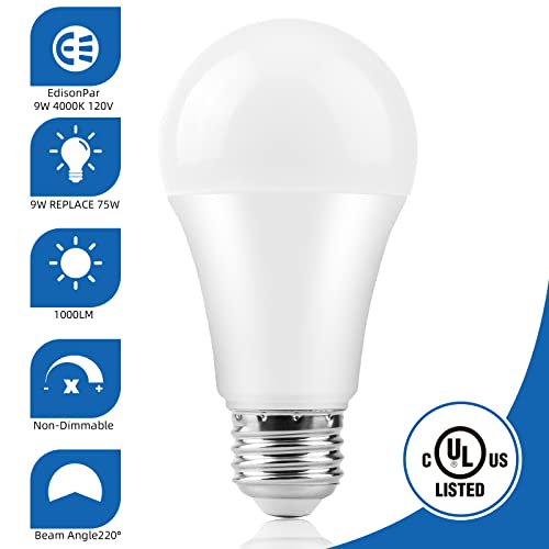 E Edisonpar A19 6-Pack Led Light Bulbs, E26 Base 75W Equivalent 1000Lumens 4000K Neutral Daylight, Cool White (Cwf), Non-Dimmable 9W 15000Hrs Indoor Ul, Pack Of 6 Count #TOP4