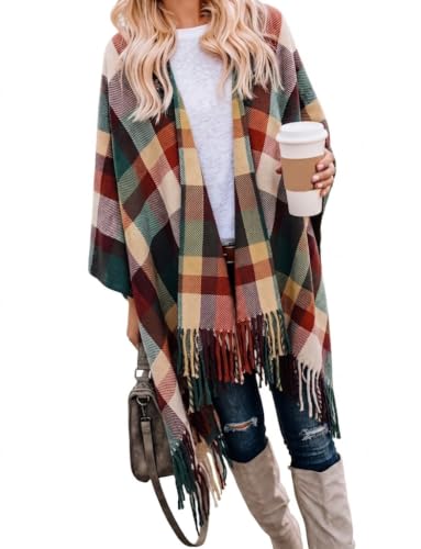 Image of Bestshe Women's Boho Open Front Poncho Plaid Shawl Wrap Cape