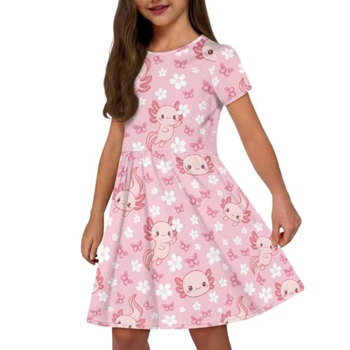 Image of Girls Dress with Pockets Basic Short Sleeve High Waist Swing Skater Dress School Party Dress for Kids