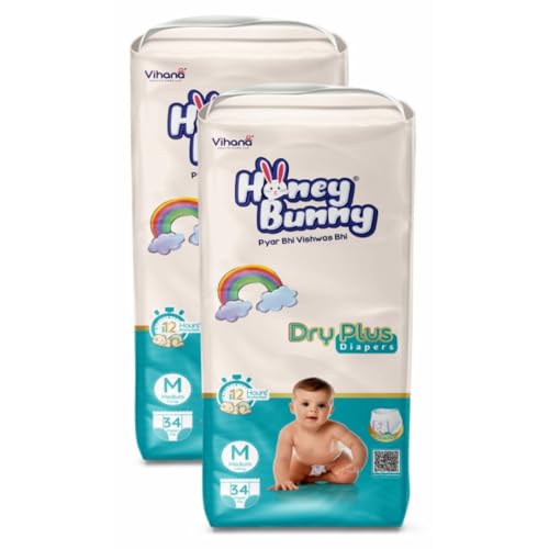 Image of Honey Bunny Baby Diaper Pants | Dry Plus Protection with 360 Soft Elastic Waistband | Upto 12 Hours Protection | Bubble Sheet Technology for Advanced Absorption | Medium (7 to 12 kg), 68 Pants
