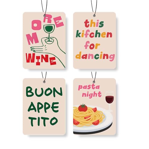 EVER-GOING TUNE Kitchen & Foodie - Themed Car Air Freshener 4 Pcs, Fun Culinary Quotes & Art Hanging Air Freshener for Cars Closet Drawer Books, Car Accessories Mirror Decor for Cooking Lovers.