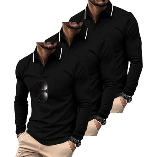 ZITY 3 Pack Men Polo Shirts Long Sleeve with Pocket Golf Shirts Shirts for Men Casual Work Athletic Collared T-Shirts Black Black Black XX-Large