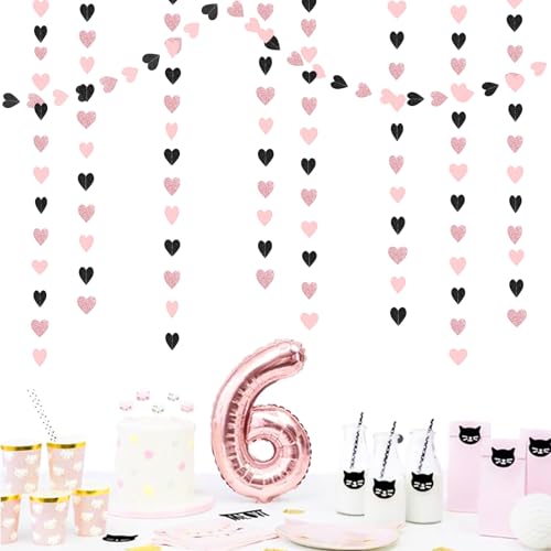 Image of Rose-Gold Pink and Black Birthday Decorations Streamers - 39FT Baby Girls Hanging Heart Garland Banner Christmas Wedding Engagement Bachelorette Bridal Shower Backdrop Graduation Decor
