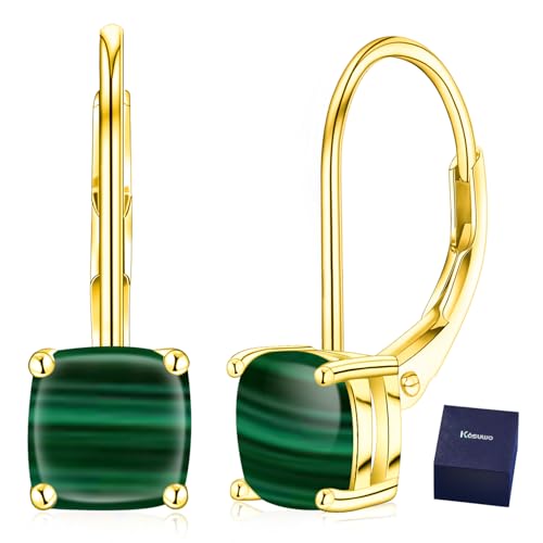 Kosuwo 925 Sterling Silver Handmade Malachite Earrings, Square Natural Gemstone Dangle Earrings,Leverback Earrings for Women (Malachite - Gold)