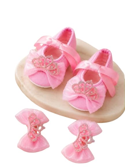 Baby Girl Booties with Crown Bow cilps combo Detail, Pink-image-3