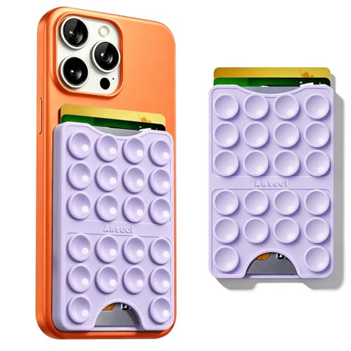 Anteel Silicone Phone Wallet Pocket, Suction Cup Phone Card Holder Adhesive Mount, Up to 3 Cards Can be Inserted, Hands-Free, Powerful Grip for Selfies and Videos, 2.28"x3.54" (Lavender)