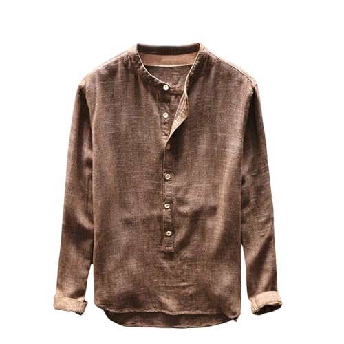 Men's Henley Shirts Distressed Long Sleeve Button T-Shirt Lightweight Fashion Casual Pullover Shirt Washed T-Shirts Top Khaki