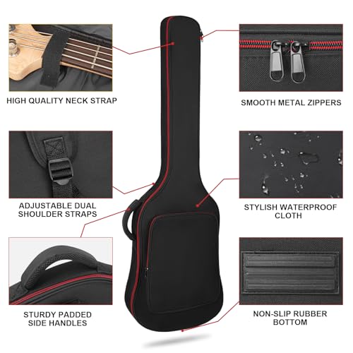 HOHIYO Bassgitarrentasche 0,38 Zoll/10 mm Polsterung Wasserdichtes E-Bass-Case E-Bass-Gigbag-Rucksack mit Nackenschutzgurt und Tasche Verstellbarer Schultergurt Schwarz