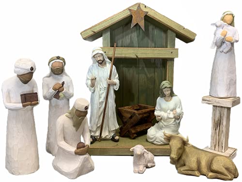Stable Creche Nativity Fireplace Mantle Wood (Fits Willow Tree Figures) *Christmas Decor Personalized Baby Manger, Angel Stand, Lights, Antique White Brown #TOP6