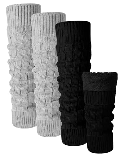 Shihanee 2 Pairs Winter Fleece Lined Leg Warmers for Women Warm Long Boot Socks Knit Thick Calf Warmers for Skating Walking