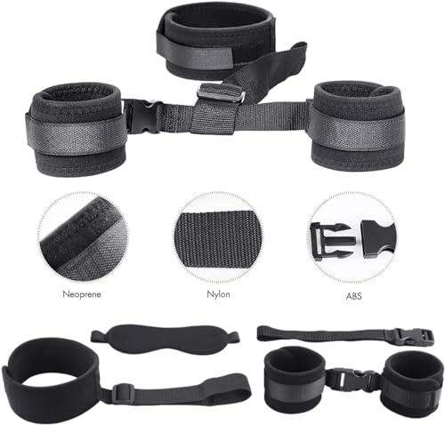 Image of BDSM Neck to Wrist Restraints Bondage Set - Behind Back Handcuffs Collar with Blindfold Adjustable Bondage Set Bed SM Games Play Sex Toys for Couples Red