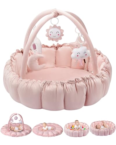 Image of Deekuiwi 5-in-1 Convertible Baby Gym Play Mat with Hanging Toys, Soft Padded Activity Center & Ball Pit, Plush Tummy Time Mat for Newborns to Toddlers, Machine Washable, Pink