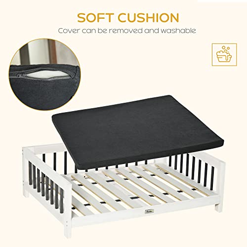 Pawhut Wood Dog Bed With Supportive Cushion, Elevated Dog Bed With Removable Cushion Cover, Cute Dog Bed Frame With Pine Wood, Black And White Dog Bed #TOP5