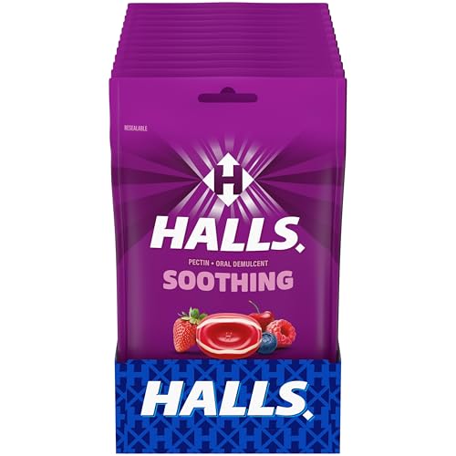 HALLS Throat Soothing Cool Berry Throat Drops, 12 Bags of 25 (300 Total Drops)