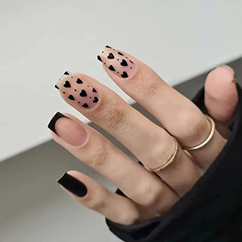 Heart Press On Nails Short Square Valentine's Day Nails Glue On Black Hearts False Nails With Designs Love French Tips Fake Nails Acrylic Full Cover Nail Tips Coffin Artificial Nails For Women #TOP11