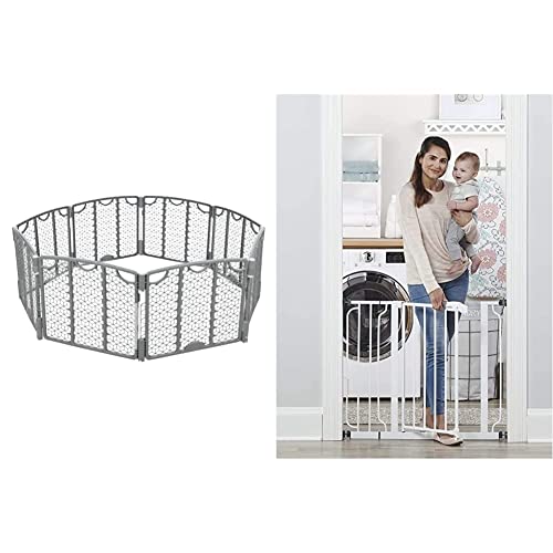 Evenflo Versatile Adjustable And Portable Play Yard With Lawn Stakes For Outdoor Use, And Foldable Design With Molded Handle, Cool Gray & Regalo Easy Step 38.5-Inch Wide Walk Thru Baby Gate #TOP14