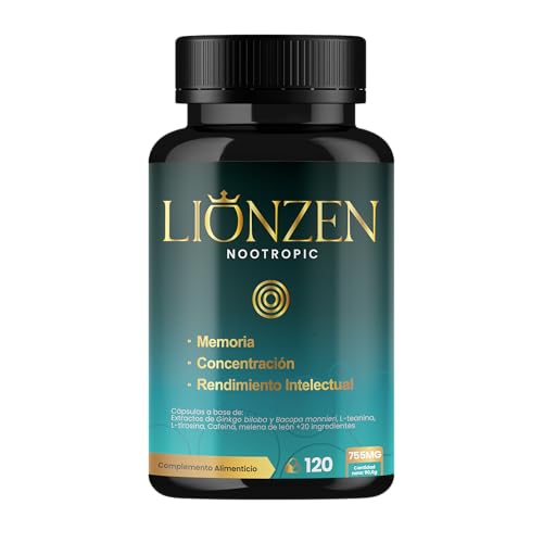 Nootropico concentrado para Memoria y Concentración | +23 Ingredientes naturales | Bacopa, Ginkgo Biloba, Cafeína, Melena león, Vitaminas, Magnesio, L-Tirosina, Ashwagandha, Ginseng. LIONZEN NOOTROPIC
