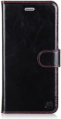 iPhone 6 Plus Case, GENUINE Leather Wallet Case with Flap - Retro Leather Series (BLACK)