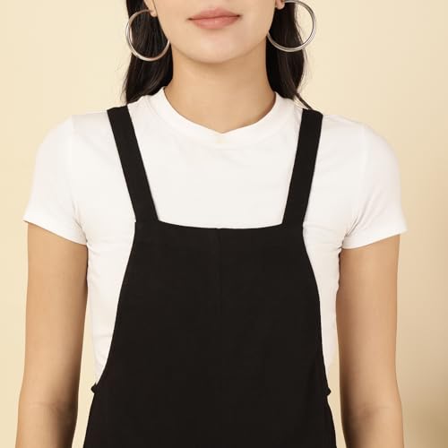 Image of DEEBACO Women's Solid Rayon Slub Lycra Calf Length Dungaree Jumpsuits For Women Stylish|Square Neck|Sleeveless|One Piece Western Dress For Woman|Ladies Dress|Party Casual Wear(Black)