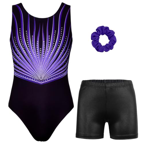 MODAFANS Gymnastics Leotards for Girls with Shorts Bow Back Lavender Lines,6-7Years
