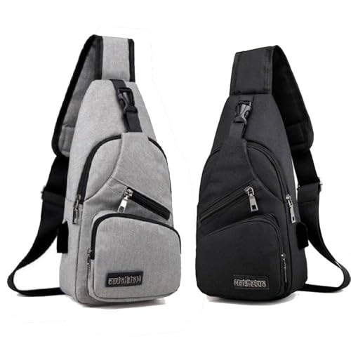 Mochila BagTransversal com Entrada USB, Bolsa Tiracolo Unissex, Múltiplos Compartimentos, Sortida enviada conforme disponibilidade em estoque. Cinza e Preto