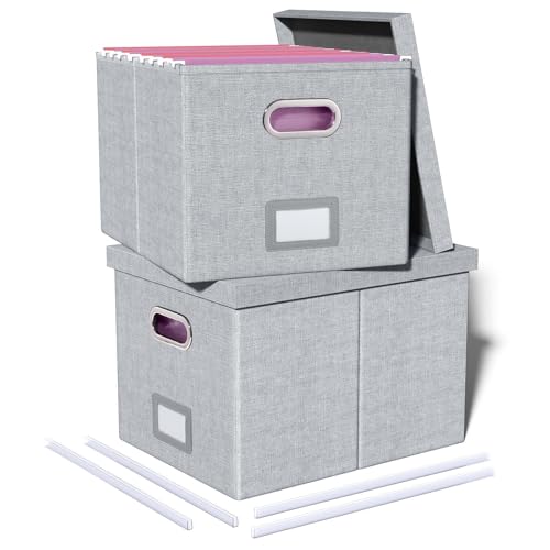 Oterri 2 Pack File Storage Organizer, Filing Box, Portable File Box with Lid, Fit for Letter/Legal File Folder Storage, Document Organizer, Gray-White
