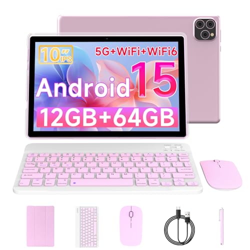 Vyrolinia Tablet Android 15 10 Inch 12GB RAM+64GB ROM/ 2TB Expandable Tablet, 1280 * 800 HD Touch Screen, 5G WiFi6 BT 5.0, 2 in 1 Tablets with Keyboard Case Mouse Stylus (12GB RAM+64GB ROM Pink)