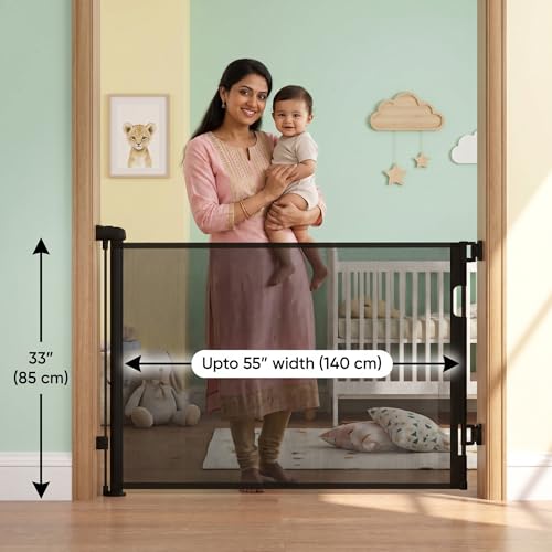 Image of A Baby Cherry - Baby Saftey Gate Retractable | Stairs & Pet Safety | Wide Mesh Gate 33 inch Tall | Expandable 55 inch | Indoor /Outdoor, Childproof Auto Lock (Black)