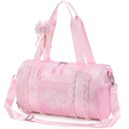 Image of CAMTOP Girls Dance Duffle Bag with Shoe Compartment, Ballet Gymnastics Bag for Girls 4-6, Toddler Travel Overnight Sports Bag with Strap, Cute Ballerina Gift (Pink)