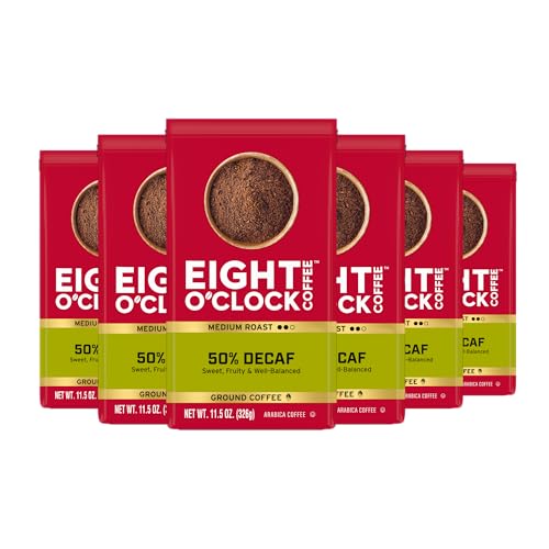 Eight O'Clock Coffee, 50% Decaf, Medium Roast Ground Coffee, 11.5 Ounce, Pack of 6, Sweet, Fruity, Well-Balanced