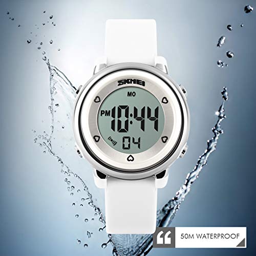 Skmei Kids Digital Watch, Waterproof Boys Girls Colorful LED Light Watches Childern Wristwatches with Stopwatch (White)