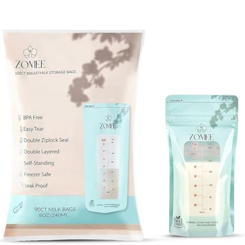 Image of Zomee Breast Milk Storage Bags 8oz – Leakproof Double-Zip Seal, Self-Standing, Easy-Pour Design, Freezer Safe, Pre-Sterilized, BPA & Phthalate Free – Bulk Pack of 90