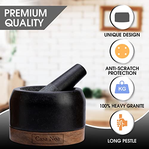 Casa Noa Mortar And Pestle Set With Wood Base - Heavy & Solid Polished Granite - 100% Natural, Large Guacamole Bowl, Stone Grinder, Molcajete Bowl, Anti-Scratch, 1.8 Cup Capacity, 5.8-Inch Pestle #TOP4
