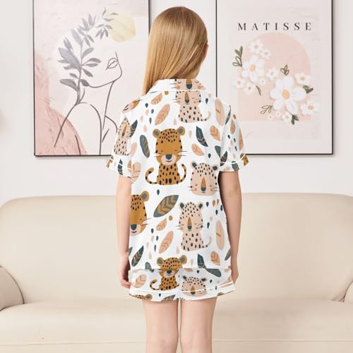 ALAZA Cute Cartoon Leopard Cheetah Pajamas Satin Pajama Set Short Sleeve Button Down Sleepwear4