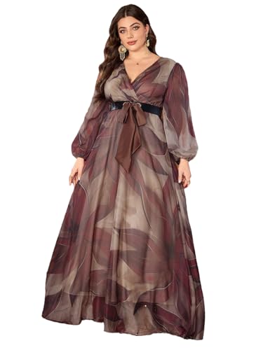 Image of Spring Summer 2024 Plus Size Womens Dresses V Neck Casual Elegant Long Sleeve Floral Print Maxi Dress