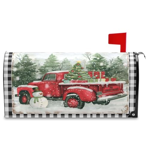 Image of Merry Christmas Truck Tree Magnetic Mailbox Cover Large Size Winter Snowman Buffalo Plaid Mailbox Covers Standard Size Garden Yard Post Wraps Mail Box Cover Outdoor Decorations 25 inch L x 21 inch W