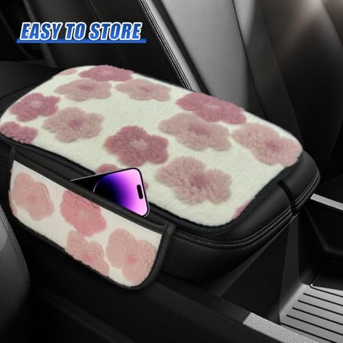 Deaelf Car Center Console Cover, Soft Fluffy Car Armrest Seat Box Cushion Pad with 2 Storage Bags, Universal Vehicle Interior Protector Accessories for Most Sedans, SUVs, Trucks (Pink)