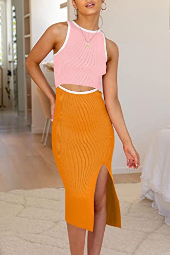 Image of PRETTYGARDEN Women's Summer Midi Bodycon Dresses Casual Crew Neck Side Slit Sleeveless Knit Cut Out Tank Top Dress