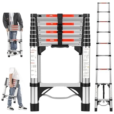 Rengue Telescoping Ladder, 8.5 FT One Button Retraction Aluminum Telescopic Collapsible Extension Extendable Ladder Portable Multi-Purpose Ladder for Home RV Loft for Outdoor Work