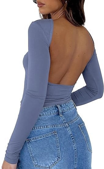 ForeFair Women Sexy Backless Short Sleeve Slim Fit Crewneck Summer Casual Y2K Crop Tee