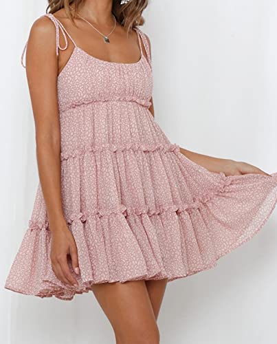 Image of Mansy Womens 2026 Summer Floral Mini Dress Boho Flowy Skater Dresses Short Sleeveless Ruffle Spaghetti Strap Dress