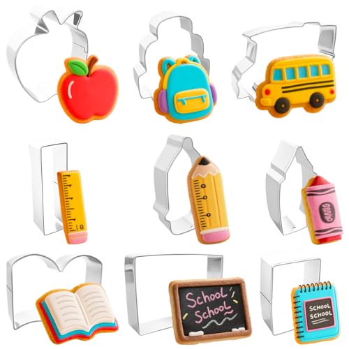 Conjunto de 9 peças de cortadores de biscoito de volta às aulas, molde de biscoito com tema escolar de aço inoxidável, inclui régua de lápis de maçã, caderno, ônibus escolar, quadro-negro, mochila