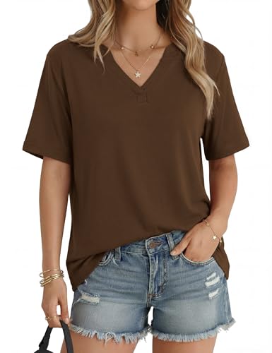 Aottori T Shirt Damen Top V Ausschnitt Longshirt Damen Kurzarm Lässig Einfarbig Oberteile Sommer Braun M