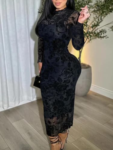 Mojessy Sexy Dresses for Women Long Sleeve See Through Bodycon Midi Dresses 2 Piece Dress Set Birthday Date Night Outfit3