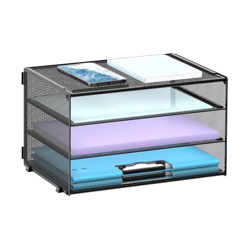 SUPTIDY 3 Tier Letter Tray Paper Organiser Mesh Metal Desk File Organiser for Home & Office, Black