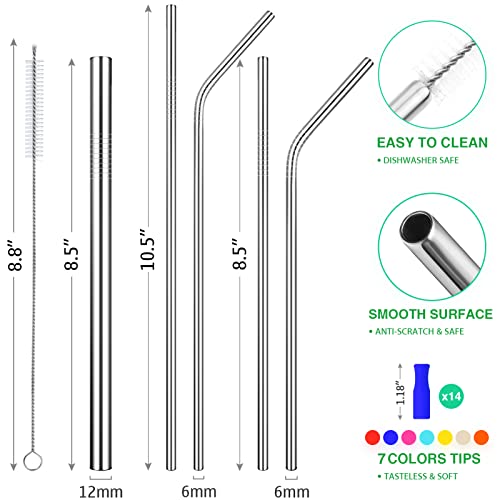 Poligo 16Pcs Reusable Stainless Steel Straws With Silicone Tips, 8.5” 10.5" Metal Drinking Straw Set With Travel Case And Cleaning Brushes, Extra Wide Boba Straws For 20,30 Oz Tumblers And Smoothies #TOP1