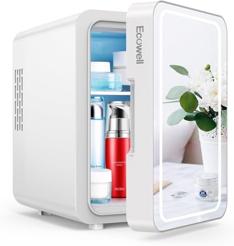Image of ECOWELL Mini Skincare Fridge with LED Mirror, 4L/6Can Skin Care Fridge for Makeup Cosmetic Beauty, Small Refrigerator for Bedroom Office Dorm Car, Cooler & Warmer, White