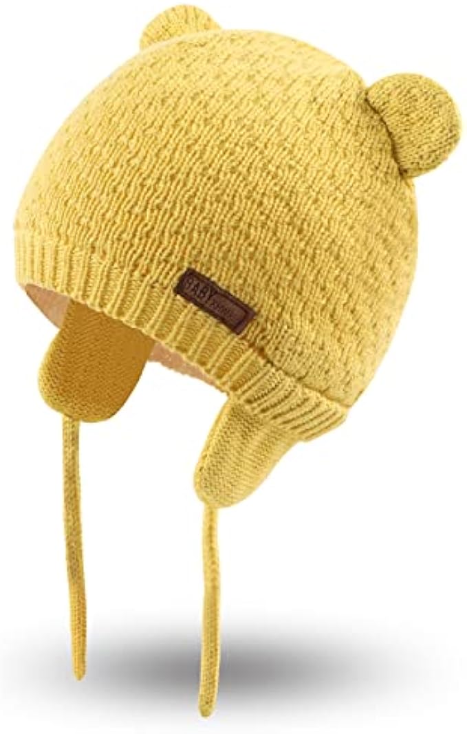 Bamery Baby Crochet Hat Infant Cute Bear Ear Beanie Toddler Boys Girls Earflap Hats for Fall Winter Warm Cap