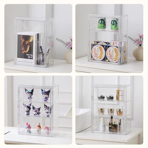 Image of 3 Tiers Clear Acrylic Display Case, Plastic Storage Bins with 2 Adjustable Divider and Magnetic Door,Stackable Display Box for Figures Showcase (2pack)