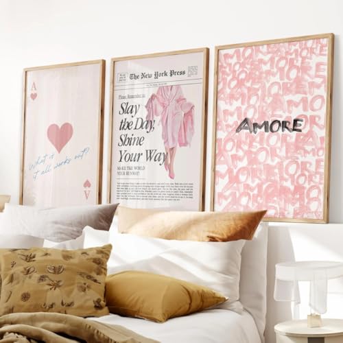 3 Tableau Decoration Murale Rose et Noir Affiche Style Rose Ado Moderne Amour Phrase Style Journal Poster Mural Pop Art Toile Deco Chambre Ado Fille Adulte...